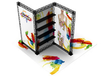 Žaismingas meninis ZigZag formos mobilus ekspozicinis stendas su lentynomis ir kilimu