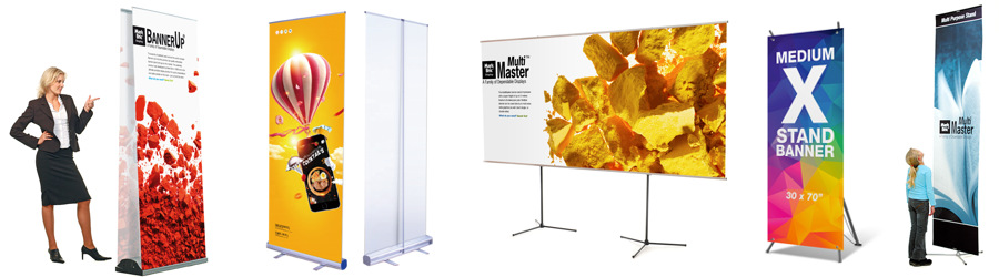 Mobile retractable double-sided cassette roll-up banners, stands with graphics