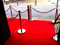 VIP-проход с барьерами и красной ковровой дорожкой.