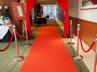 Дорожка с красной ковровой дорожкой и вращающимися барьерами в отеле.