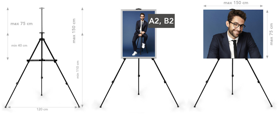 Metal easel - standing floor stand for pictures and advertising information