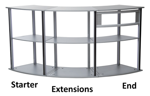 Trijų modulių parodų stalo ISObar karkasas, stalviršiai, lentynos, padas.
