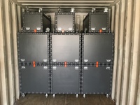 Six large and three small transport boxes are arranged in a metal container