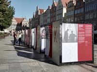 Outdoor mobile exhibition of stands, black structures with posters in the city