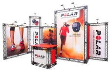 Mobile collapsible exhibition stand made of black constructions (farms), posters with print