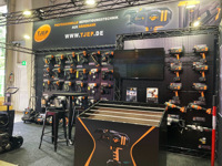Exhibits of work tools on the stand wall, products and samples during the exhibition